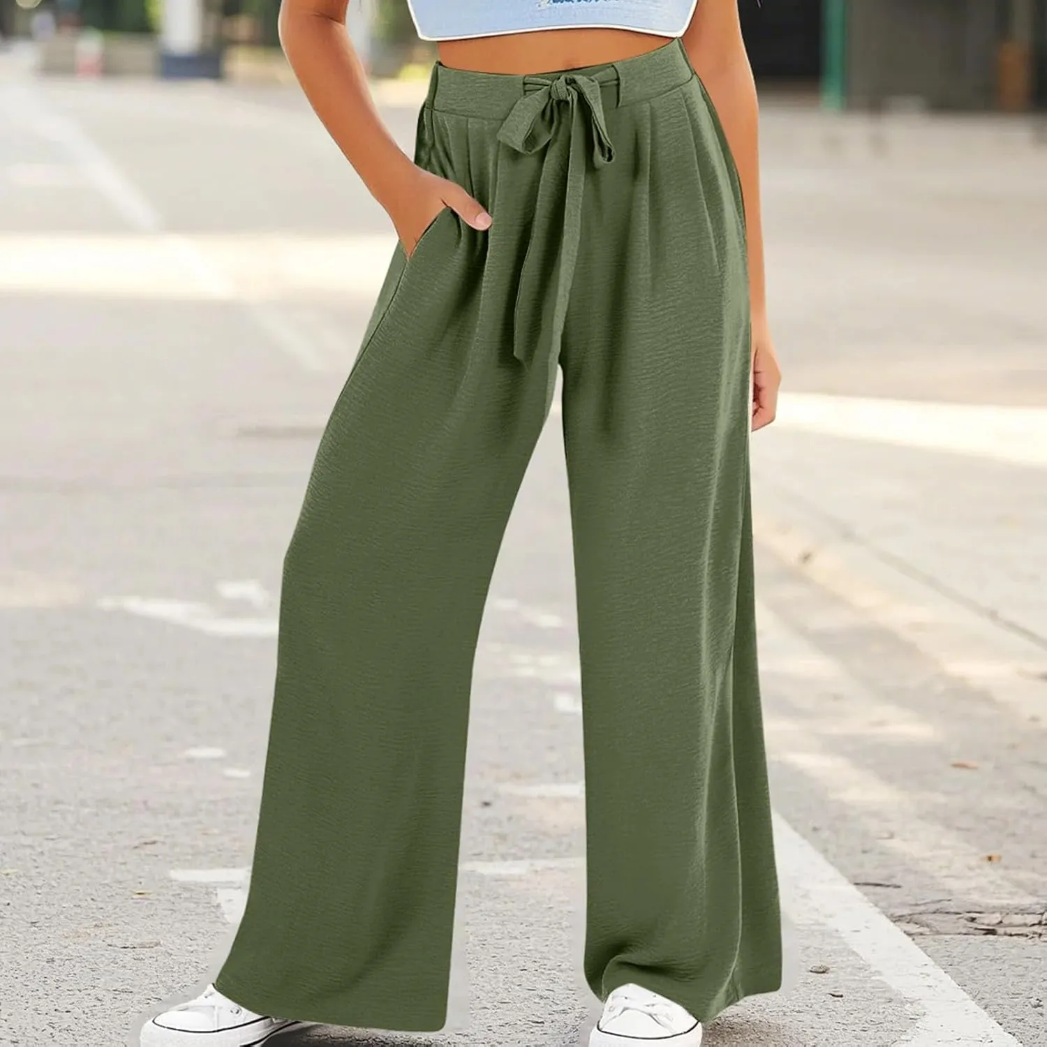 Girls Wide Leg Palazzo Pants Cotton Linen Summer High Waist Flowy Casual Trousers Loose Beach Travel Vacation Clothes