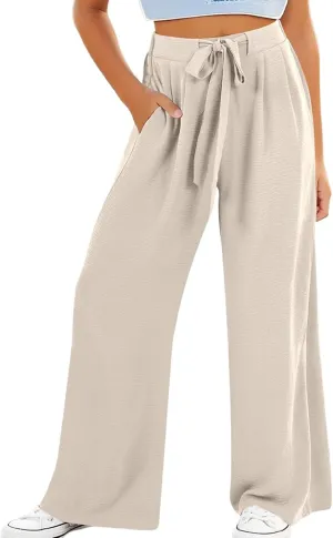 Girls Wide Leg Palazzo Pants Cotton Linen Summer High Waist Flowy Casual Trousers Loose Beach Travel Vacation Clothes