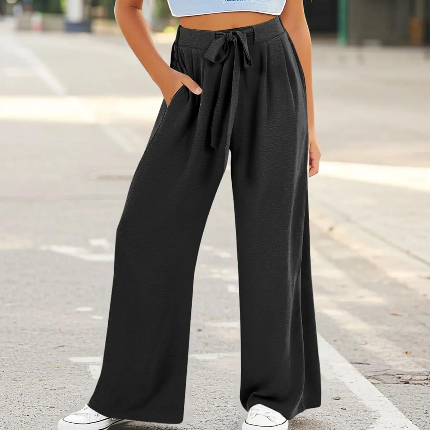 Girls Wide Leg Palazzo Pants Cotton Linen Summer High Waist Flowy Casual Trousers Loose Beach Travel Vacation Clothes