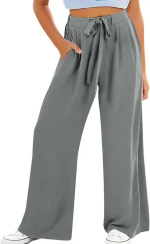 Girls Wide Leg Palazzo Pants Cotton Linen Summer High Waist Flowy Casual Trousers Loose Beach Travel Vacation Clothes