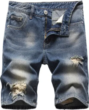GUNLIRE Men's Summer Ripped Distressed Slim Fit Knee Length Washed Denim Jeans Shorts