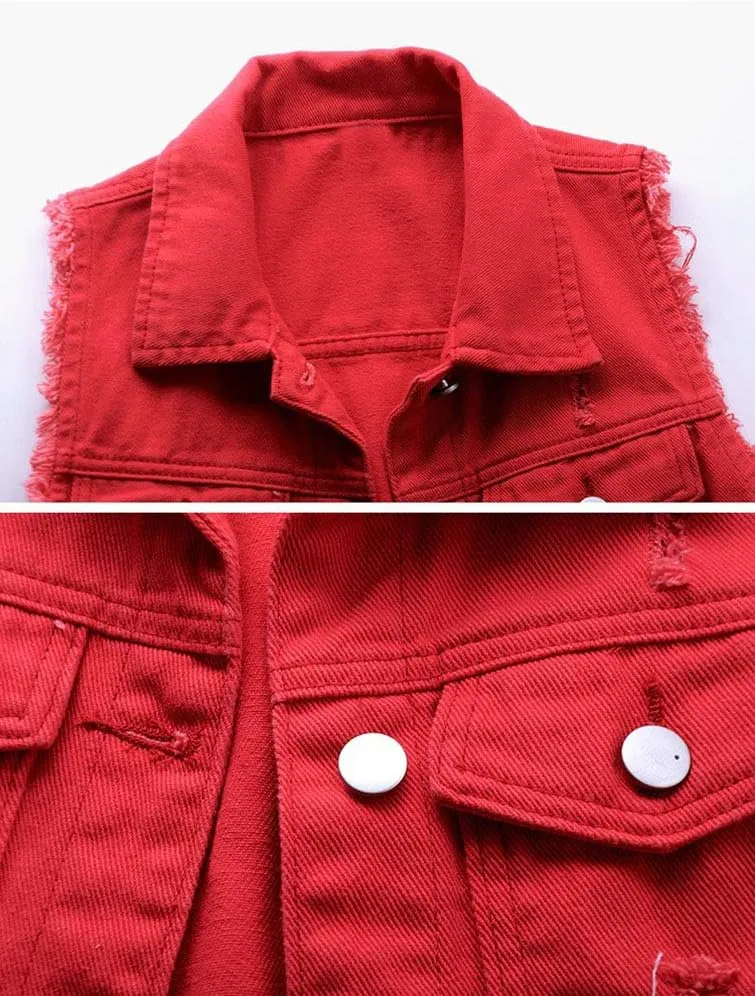 HALITOSS Women's Buttoned Washed Denim Jacket Sleeveless Crop Vest 6 Color