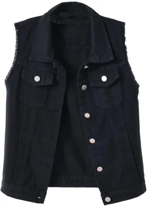 HALITOSS Women's Buttoned Washed Denim Jacket Sleeveless Crop Vest 6 Color