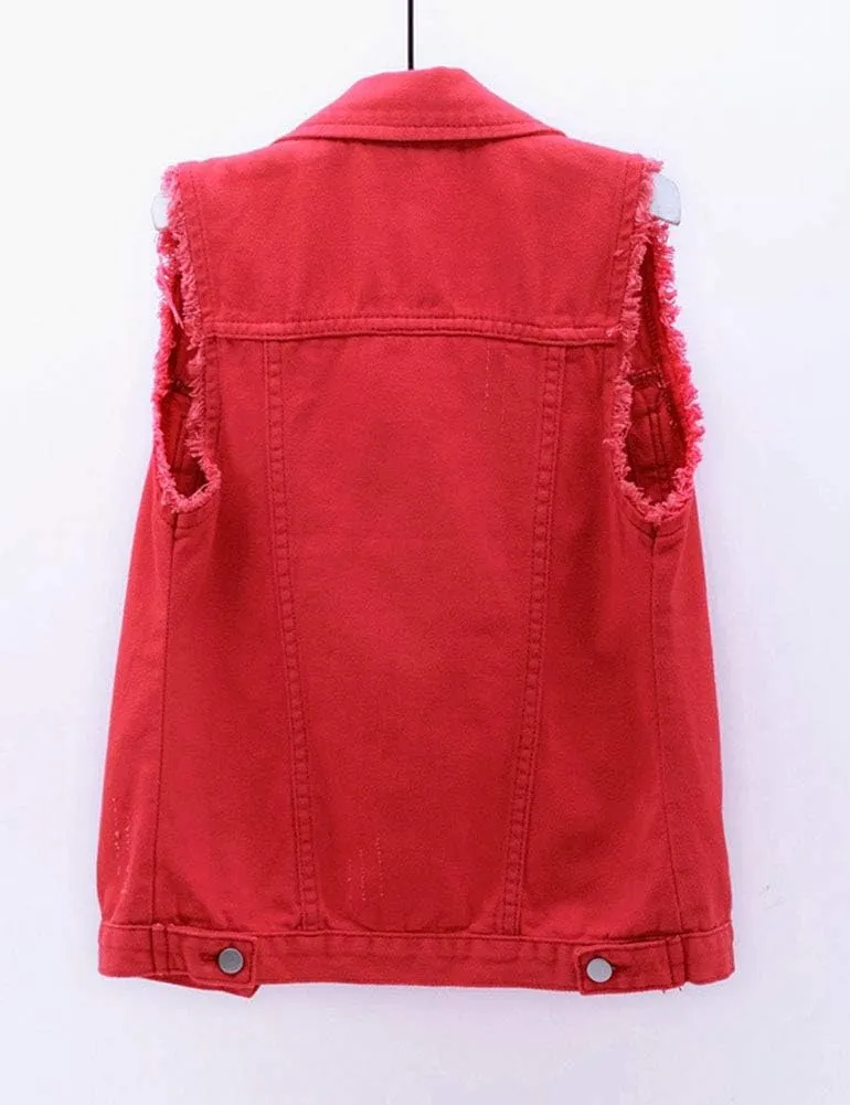 HALITOSS Women's Buttoned Washed Denim Jacket Sleeveless Crop Vest 6 Color