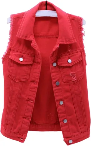 HALITOSS Women's Buttoned Washed Denim Jacket Sleeveless Crop Vest 6 Color