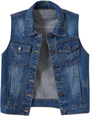 HALITOSS Women's Buttoned Washed Denim Jacket Sleeveless Crop Vest 6 Color