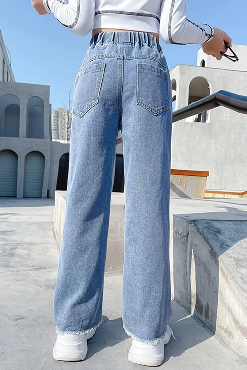 Happy Cherry Girls Jeans Straight Wide Leg Flare Denim Pants for All Seasons 5-15 Y