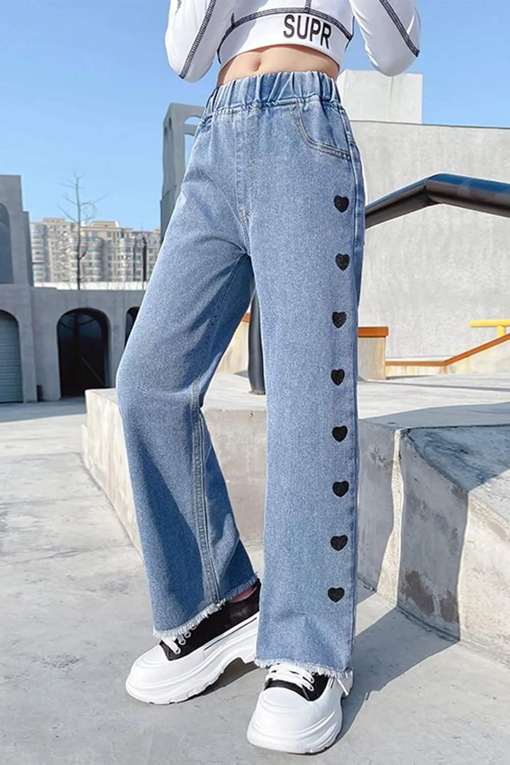 Happy Cherry Girls Jeans Straight Wide Leg Flare Denim Pants for All Seasons 5-15 Y