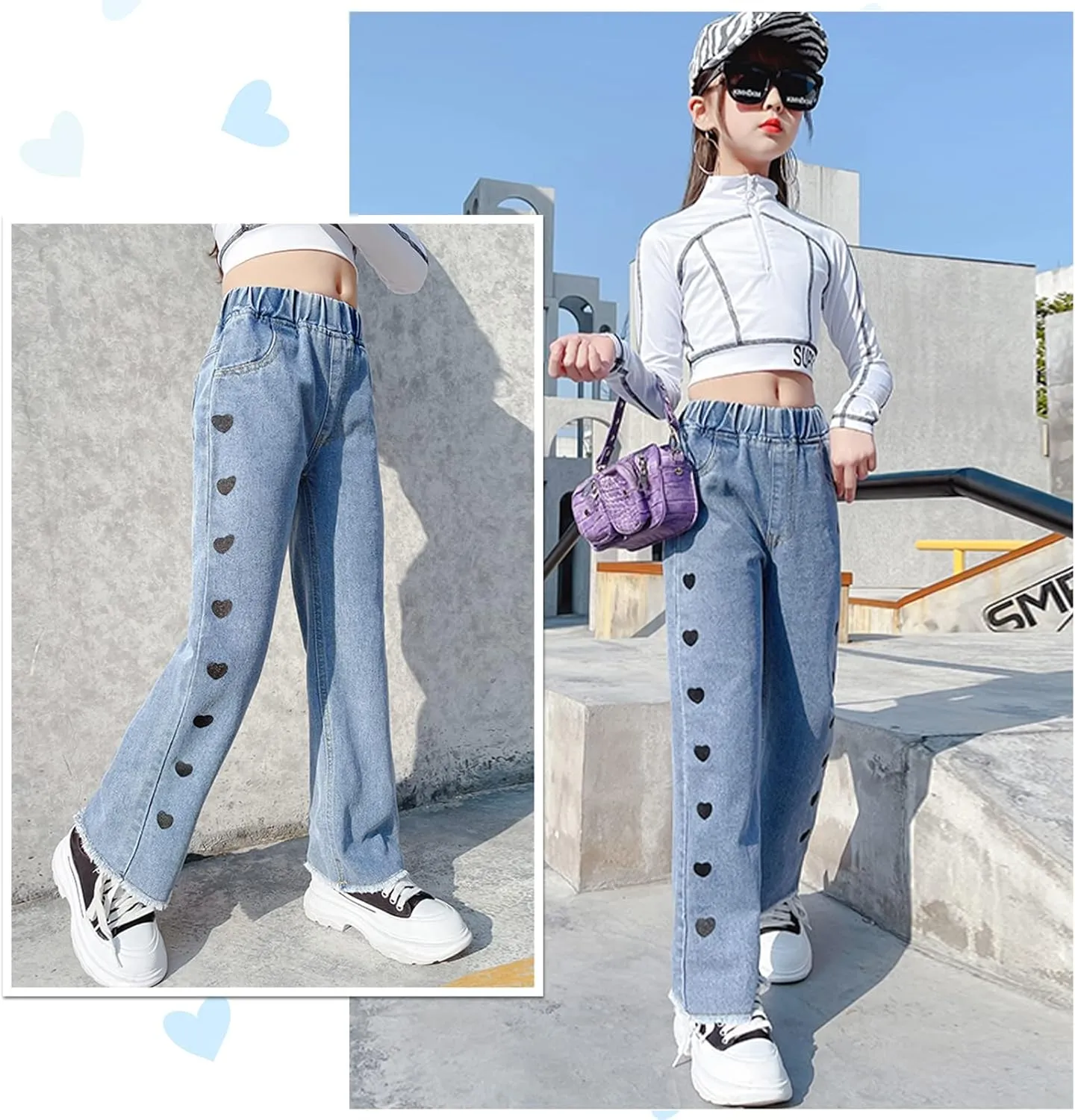 Happy Cherry Girls Jeans Straight Wide Leg Flare Denim Pants for All Seasons 5-15 Y