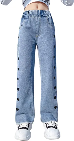 Happy Cherry Girls Jeans Straight Wide Leg Flare Denim Pants for All Seasons 5-15 Y