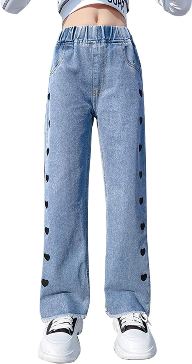 Happy Cherry Girls Jeans Straight Wide Leg Flare Denim Pants for All Seasons 5-15 Y