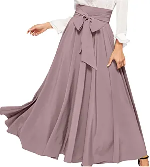 HGps8w Flowy Maxi Skirts for Women Vintage Solid Color Tie Waist A-Line Swing Casual Skirt Elegant High Waisted Long Skirt
