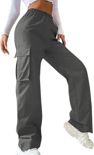 High Waisted Cargo Pants Women Elastic Waist Straight Wide Leg Trousers with Pockets Solid Color Casual Work Pants Plus Size