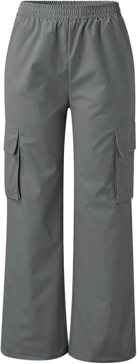 High Waisted Cargo Pants Women Elastic Waist Straight Wide Leg Trousers with Pockets Solid Color Casual Work Pants Plus Size