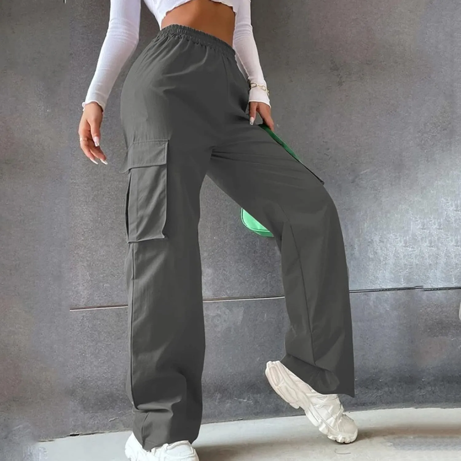 High Waisted Cargo Pants Women Elastic Waist Straight Wide Leg Trousers with Pockets Solid Color Casual Work Pants Plus Size