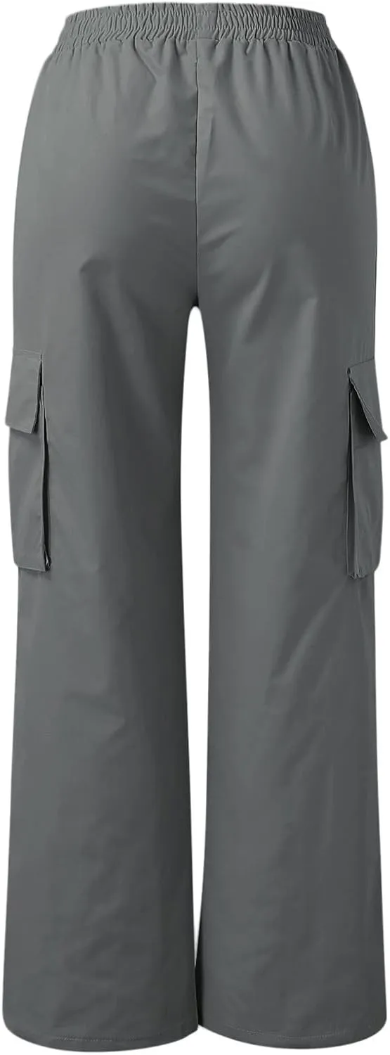 High Waisted Cargo Pants Women Elastic Waist Straight Wide Leg Trousers with Pockets Solid Color Casual Work Pants Plus Size