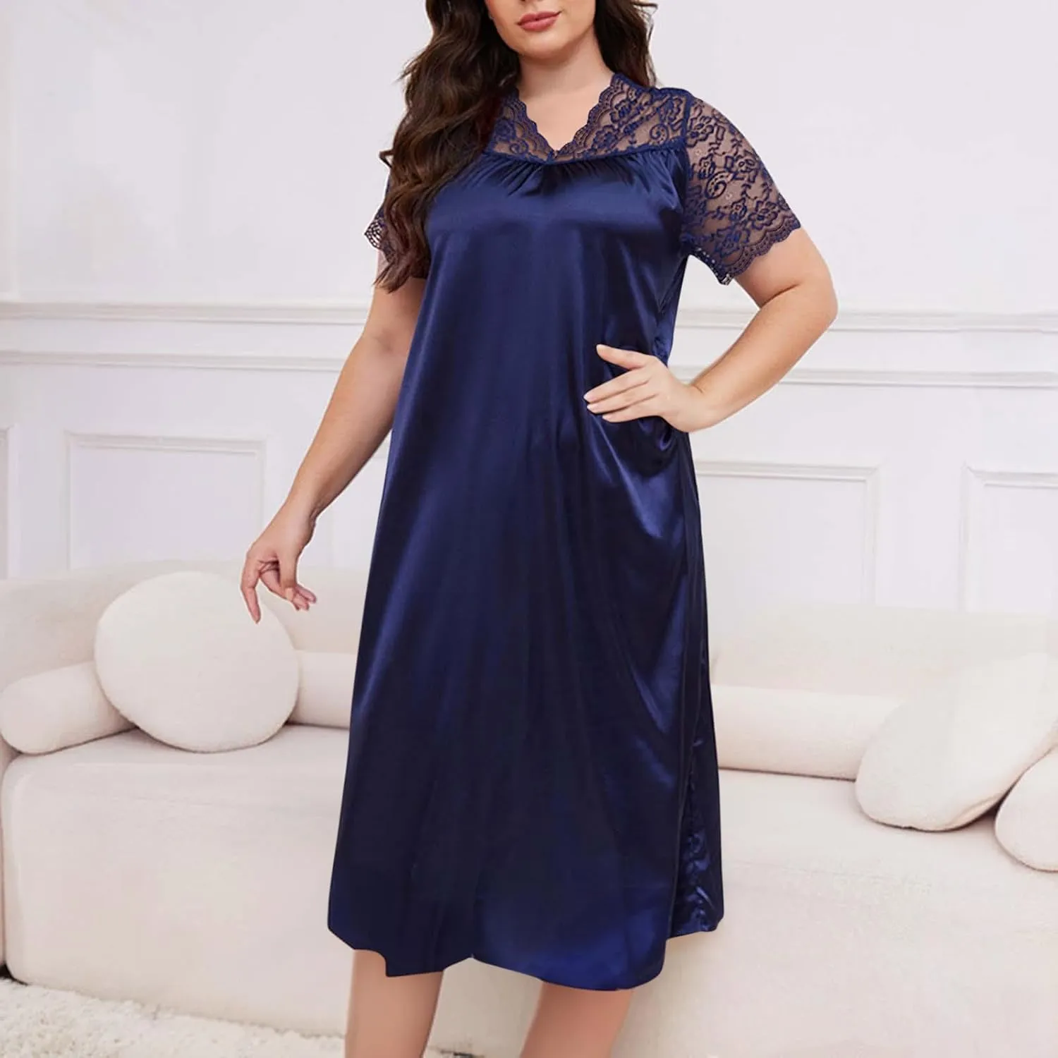 hlysgo Womens Summer Satin V Neck Midi Dress Floral Lace Short Sleeve Nightgown Plus Size Long Dress Loungewear