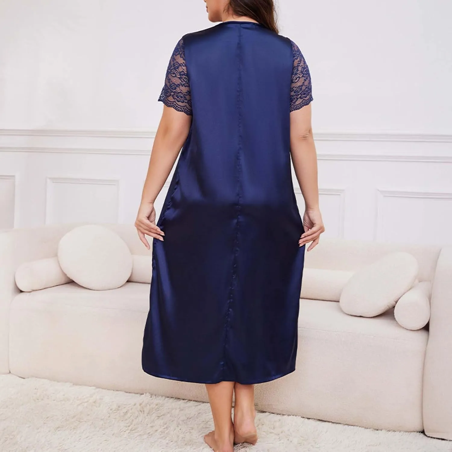 hlysgo Womens Summer Satin V Neck Midi Dress Floral Lace Short Sleeve Nightgown Plus Size Long Dress Loungewear