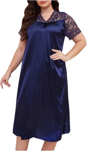 hlysgo Womens Summer Satin V Neck Midi Dress Floral Lace Short Sleeve Nightgown Plus Size Long Dress Loungewear