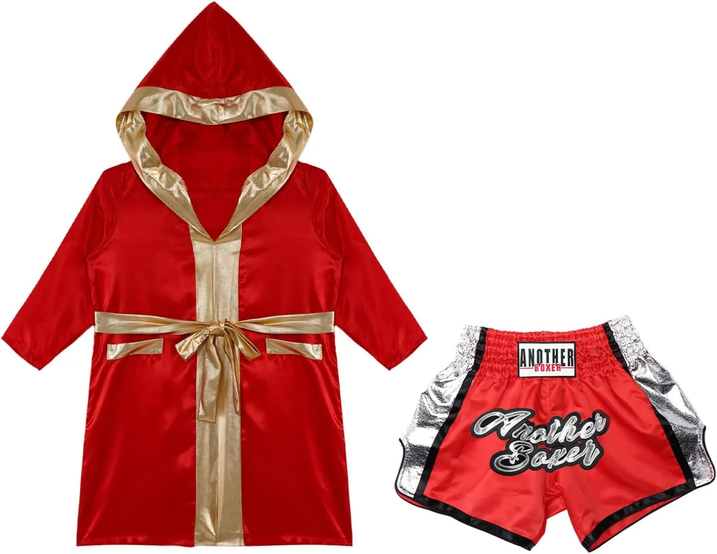 JEATHA Kids Boys Kickboxing Outfits Long Satin Boxing Robe Hooded Boxer Cloak with Belt And Martial Arts MMA Shorts