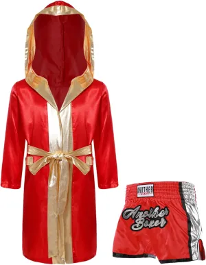 JEATHA Kids Boys Kickboxing Outfits Long Satin Boxing Robe Hooded Boxer Cloak with Belt And Martial Arts MMA Shorts