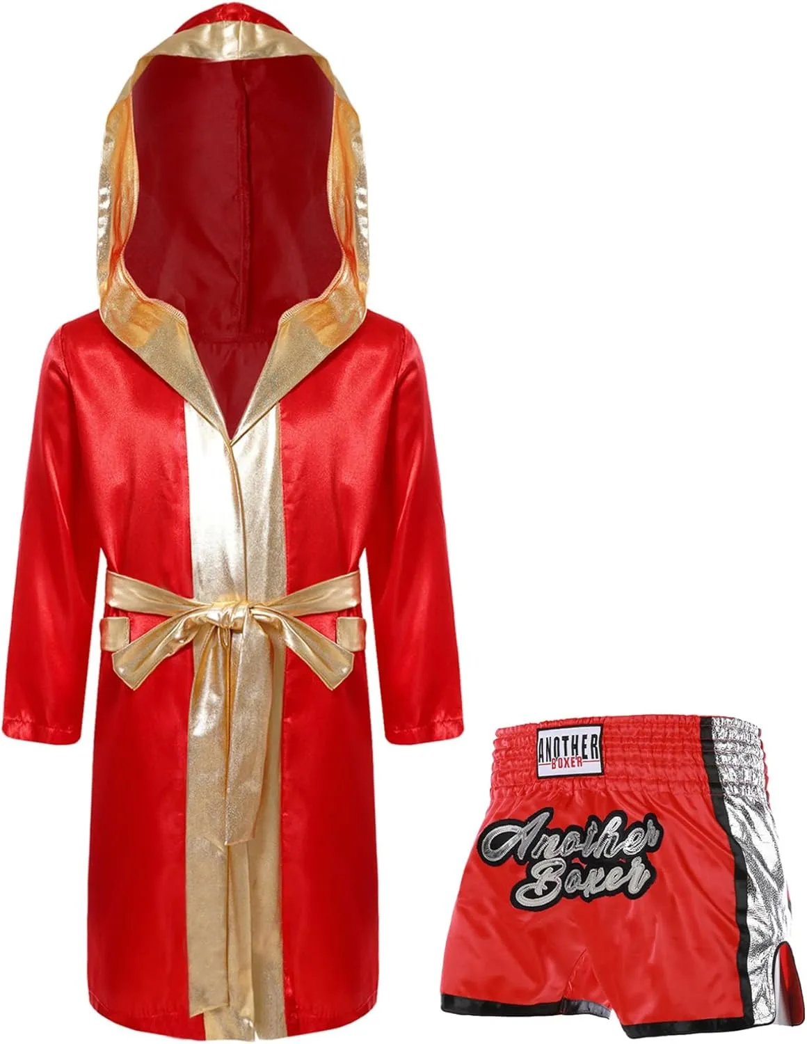 JEATHA Kids Boys Kickboxing Outfits Long Satin Boxing Robe Hooded Boxer Cloak with Belt And Martial Arts MMA Shorts
