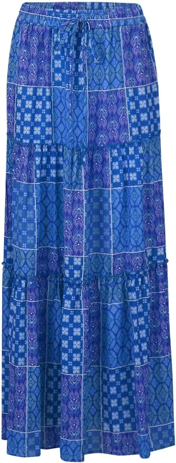 JJHAEVDY Womens Summer Boho Flowy Swing Tiered A-Line Midi Skirt 2025 Fashion Trendy Elastic Waist Pleated Long Beach Dress