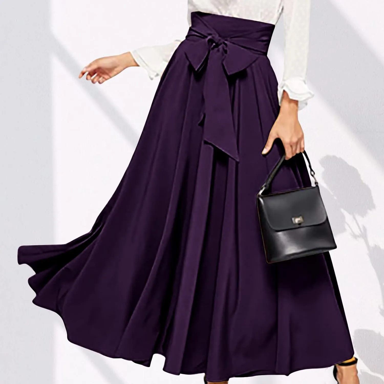 JOAU Women Casual Maxi Skirts Self Bowknot Front Elastic High Waisted Flowy Swing A-Line Lightweight Pleated Long Skirt