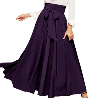JOAU Women Casual Maxi Skirts Self Bowknot Front Elastic High Waisted Flowy Swing A-Line Lightweight Pleated Long Skirt
