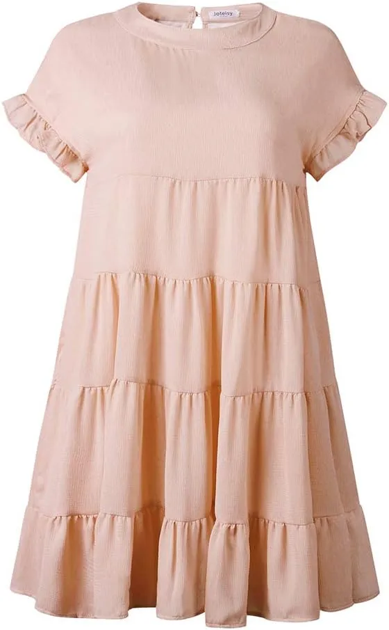 Joteisy Womens Summer Ruffle Sleeve Round Neck Loose Fit Casual Swing Short Mini Dress