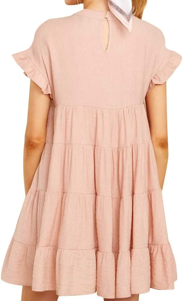 Joteisy Womens Summer Ruffle Sleeve Round Neck Loose Fit Casual Swing Short Mini Dress