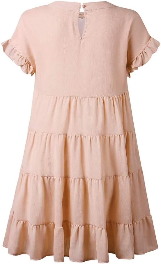 Joteisy Womens Summer Ruffle Sleeve Round Neck Loose Fit Casual Swing Short Mini Dress