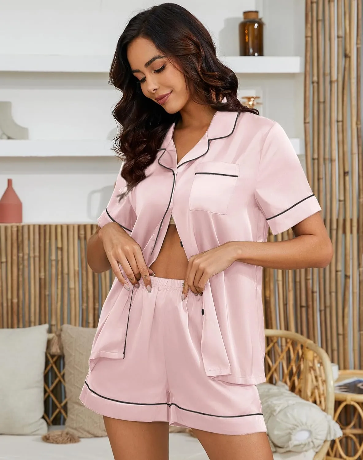 KCW Silk Satin Pajamas for Women Set 2 Piece Pajama Sets Short Sleeve Top and Shorts Pjs Set Button Down Loungewear