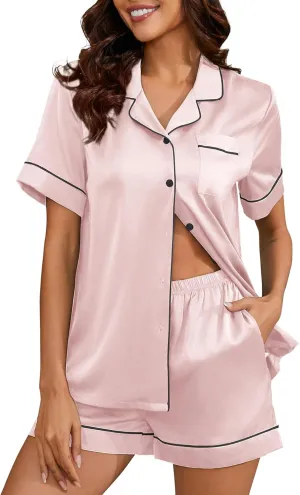 KCW Silk Satin Pajamas for Women Set 2 Piece Pajama Sets Short Sleeve Top and Shorts Pjs Set Button Down Loungewear