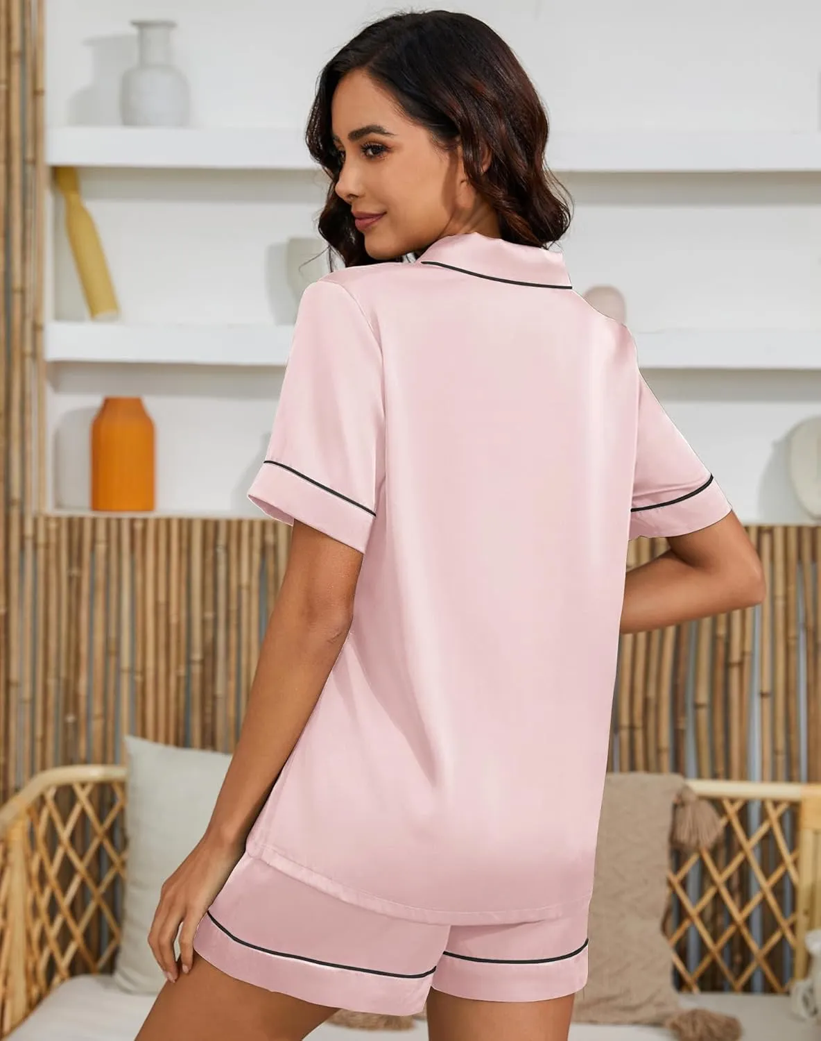 KCW Silk Satin Pajamas for Women Set 2 Piece Pajama Sets Short Sleeve Top and Shorts Pjs Set Button Down Loungewear