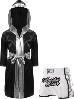 Kids Boys Boxing Costume Long Sleeve Satin Hooded Cloak with Belt And Muay Thai Shorts Kickboxing Outfits