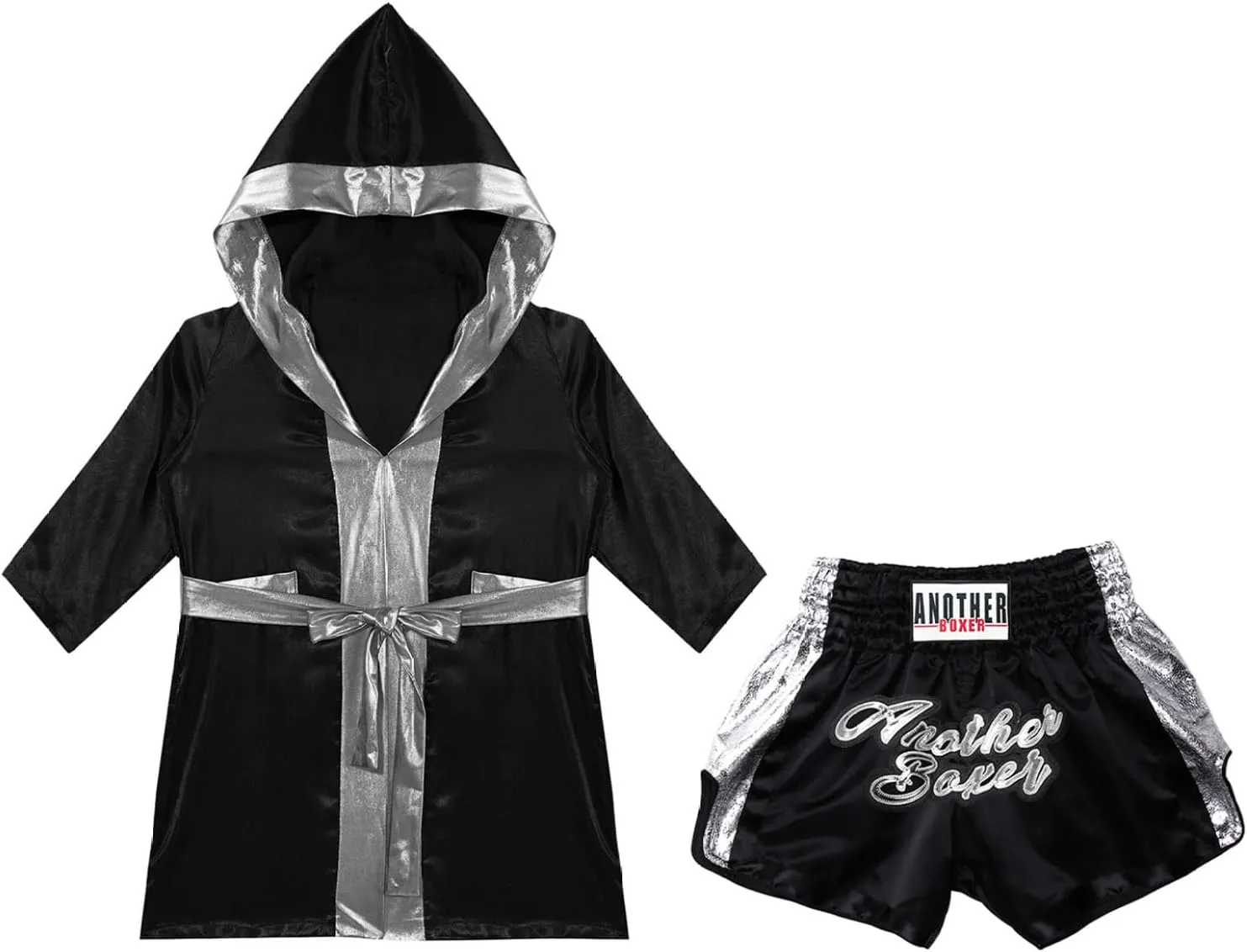 Kids Boys Boxing Kickboxing Outfit Long Open Front Metallic Trim Satin Hooded Cloak with Shorts Set