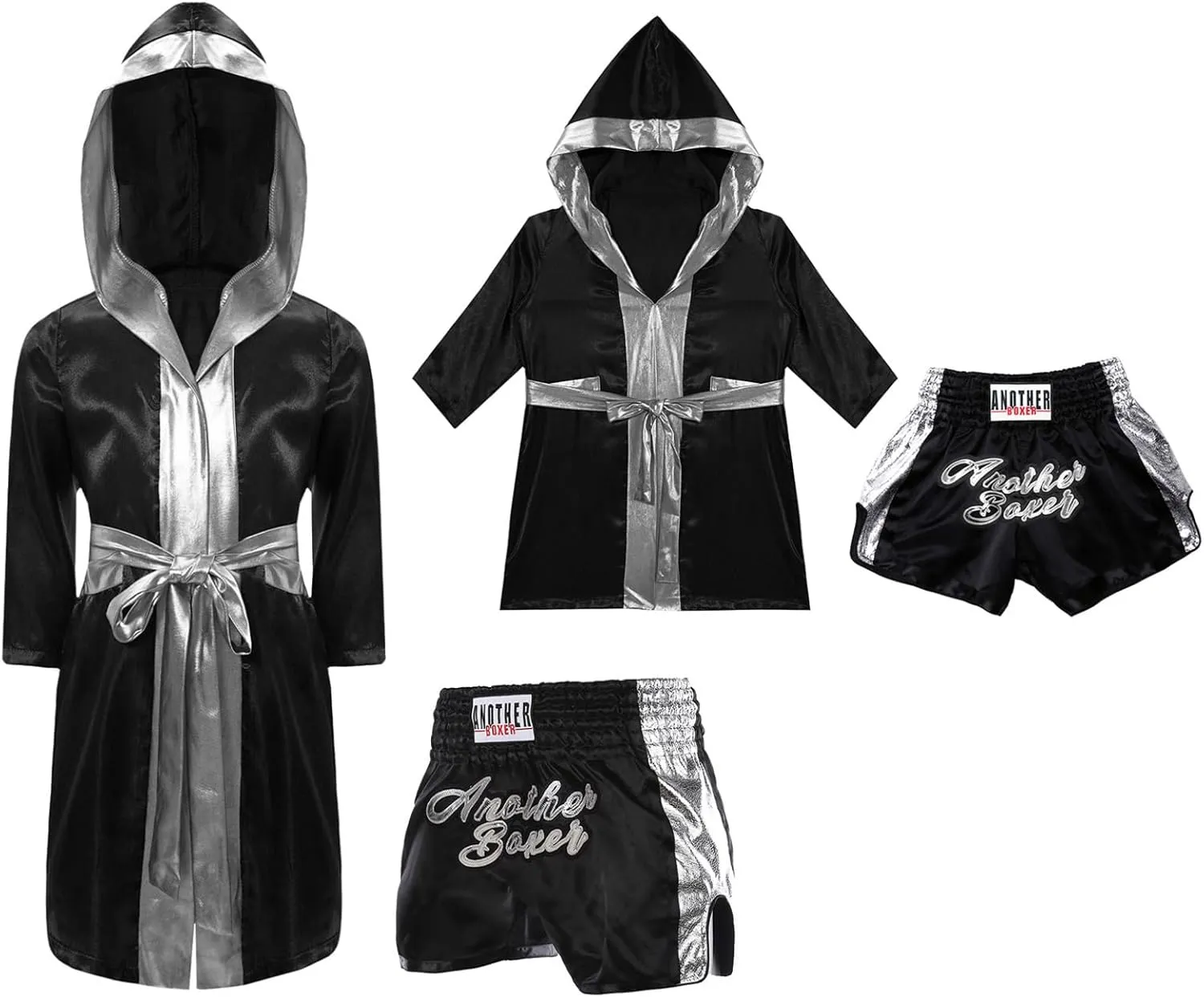 Kids Boys Boxing Kickboxing Outfit Long Open Front Metallic Trim Satin Hooded Cloak with Shorts Set