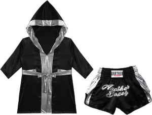Kids Boys Boxing Kickboxing Outfit Long Open Front Metallic Trim Satin Hooded Cloak with Shorts Set