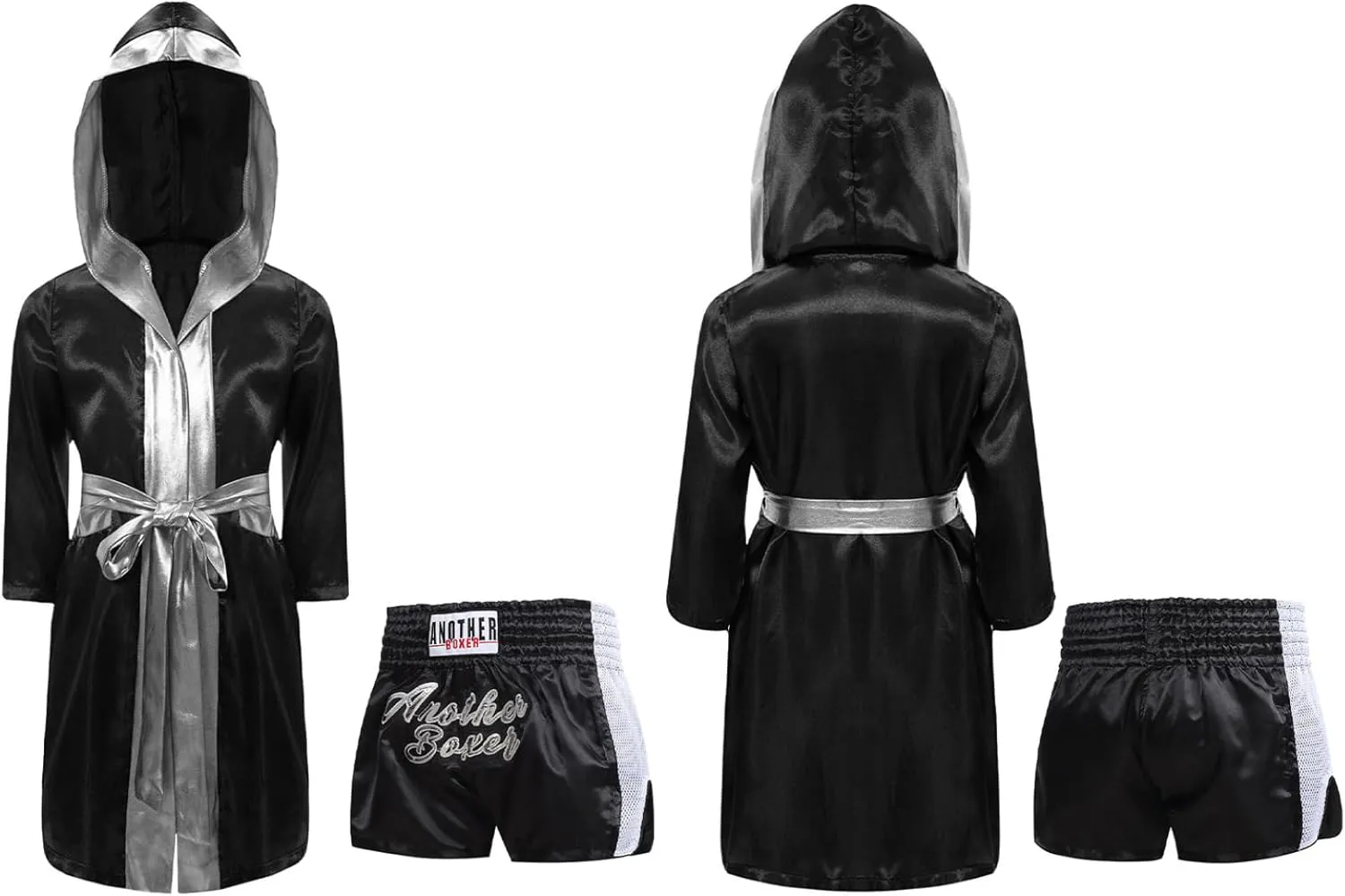 Kids Boys Boxing Kickboxing Outfit Long Open Front Metallic Trim Satin Hooded Cloak with Shorts Set