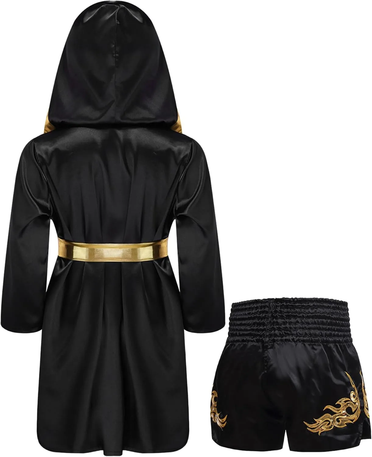 Kids Boys Boxing Outfit Long Sleeve Open Front Metallic Satin Robe Hooded Cloak with Belt and Shorts Set