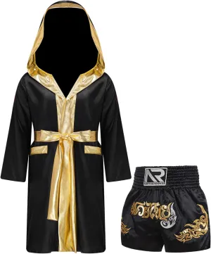 Kids Boys Boxing Outfit Long Sleeve Open Front Metallic Satin Robe Hooded Cloak with Belt and Shorts Set