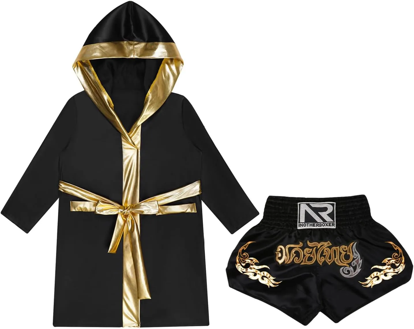 Kids Boys Boxing Outfit Long Sleeve Open Front Metallic Satin Robe Hooded Cloak with Belt and Shorts Set