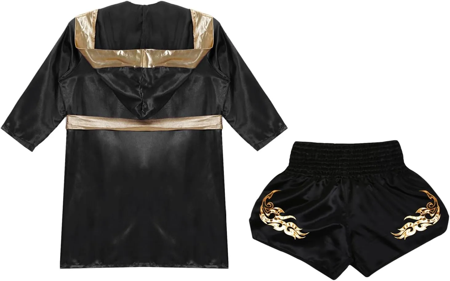 Kids Boys Boxing Outfit Long Sleeve Open Front Metallic Satin Robe Hooded Cloak with Belt and Shorts Set