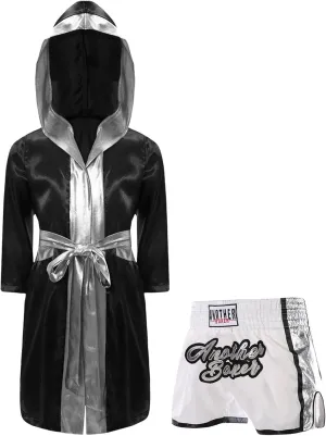 Kids Boys Boxing Uniform Satin Hooded Boxing Cloak with Belt and Boxer Shorts Cosplay Costume