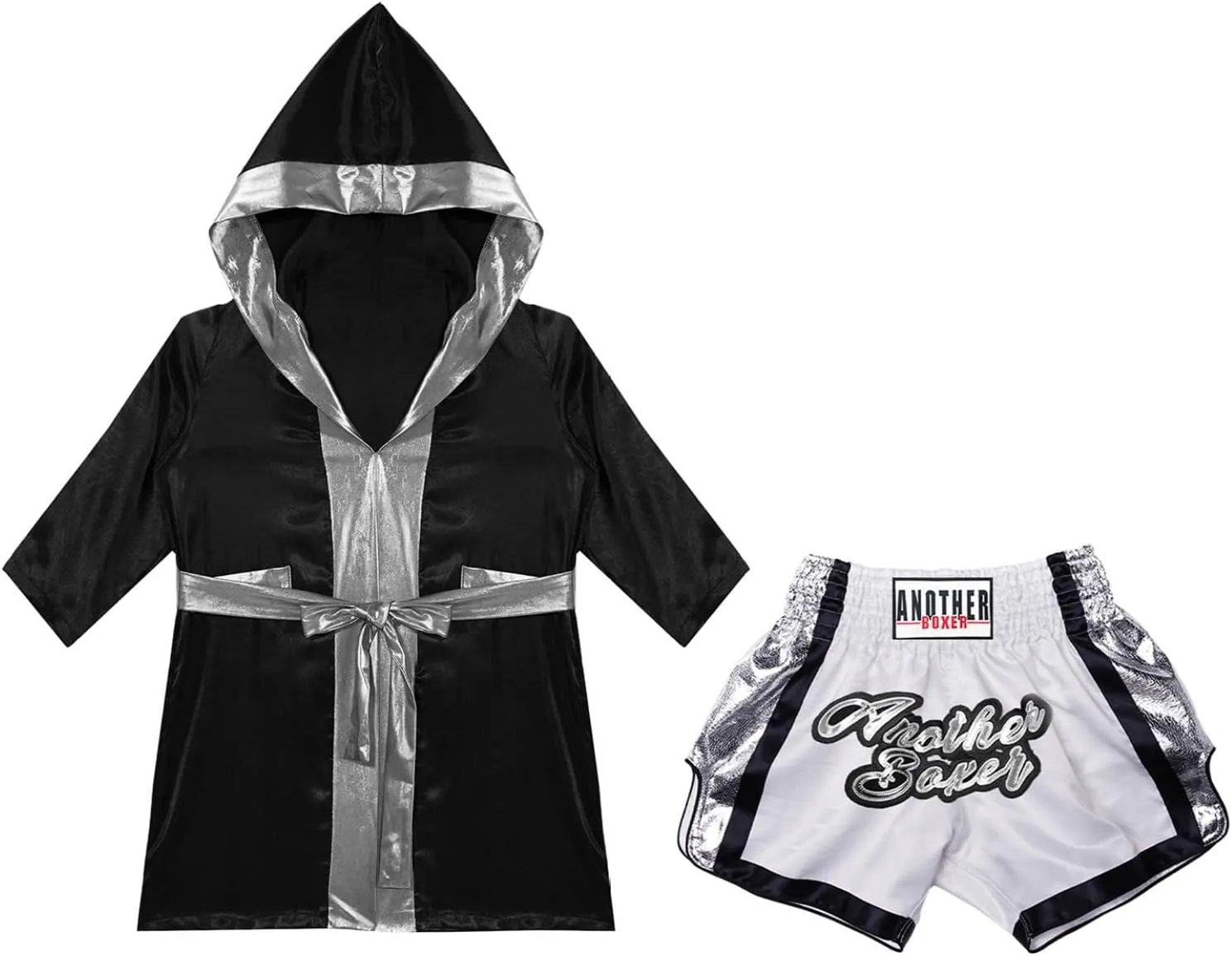 Kids Boys Boxing Uniform Satin Hooded Boxing Cloak with Belt and Boxer Shorts Cosplay Costume