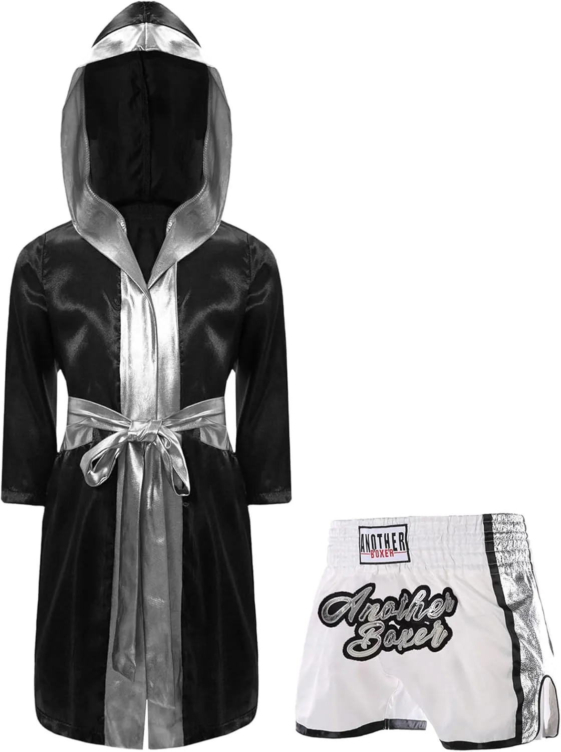 Kids Boys Boxing Uniform Satin Hooded Boxing Cloak with Belt and Boxer Shorts Cosplay Costume
