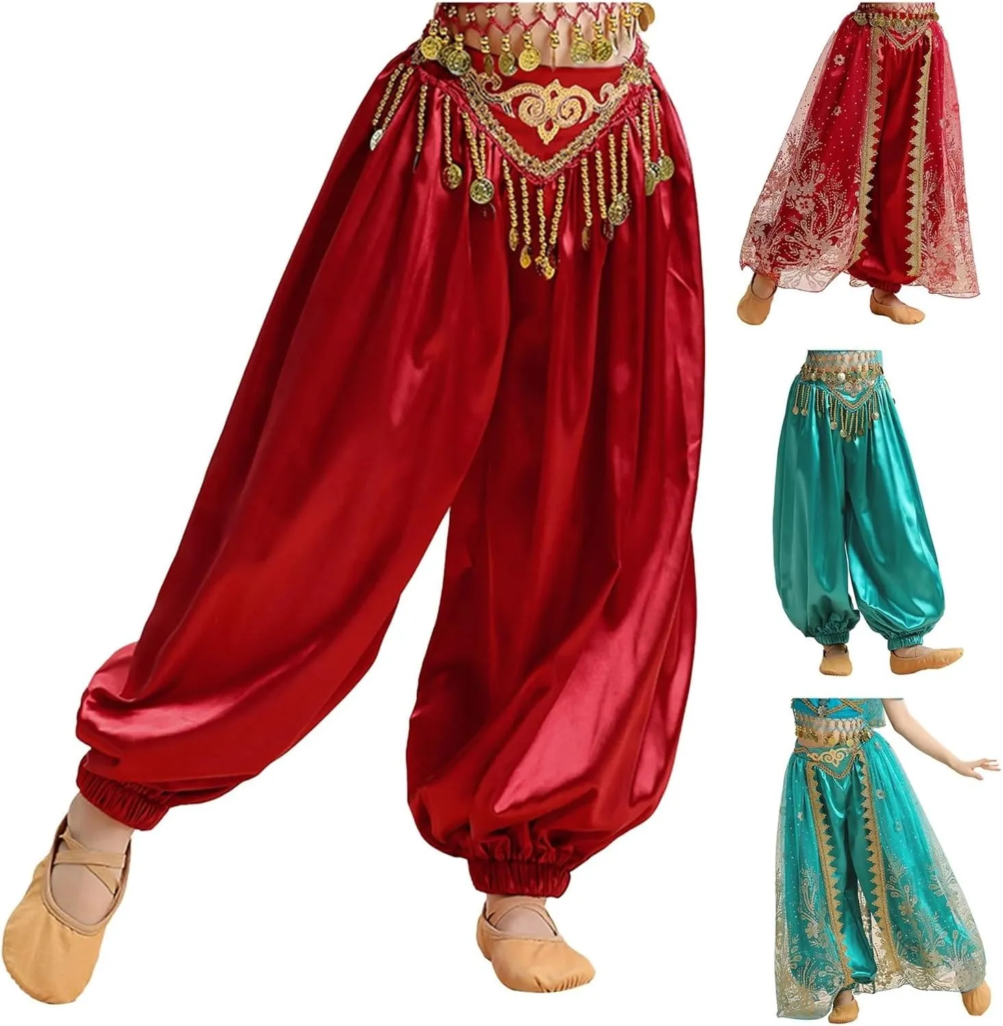 Kids Girls Belly Dance Costume Silky Tassel Waistband Harem Dance Pants Ballroom Dress-up(B Burgundy,S)