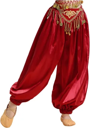 Kids Girls Belly Dance Costume Silky Tassel Waistband Harem Dance Pants Ballroom Dress-up(B Burgundy,S)