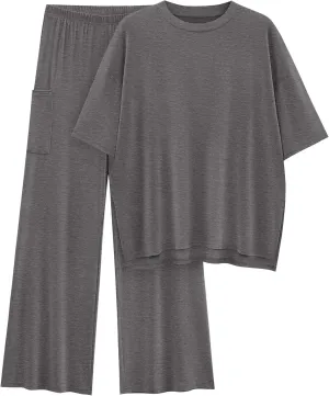 KIRUNDO Womens 2 Piece Outfits 2025 Summer Casual Loose Short Sleeve Pullover Tops & Wide Leg Pants Lounge Sets Tracksuit